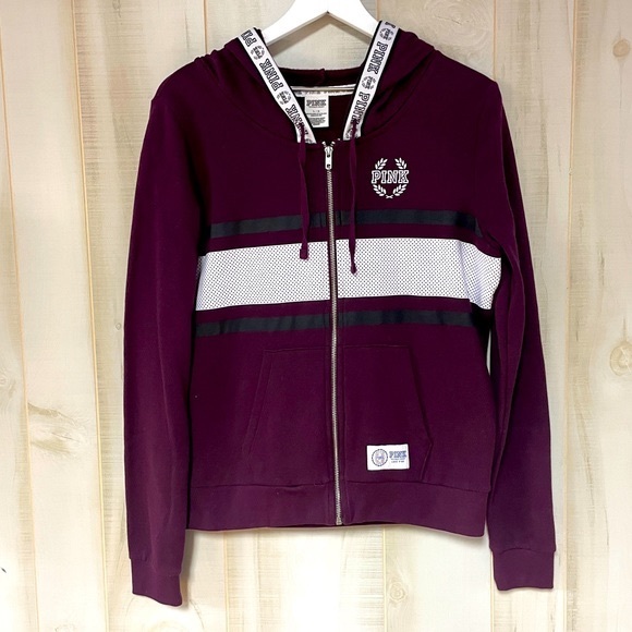 PINK Victoria's Secret Tops - VS Pink Maroon Black And White Zip Up Hooded Jacket Sz L